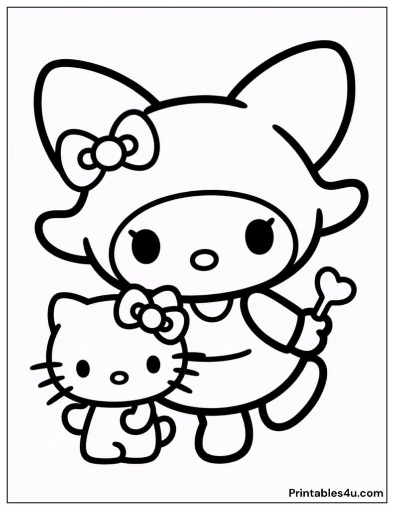 Cute characters Kitty and Kuromi coloring page for kids.