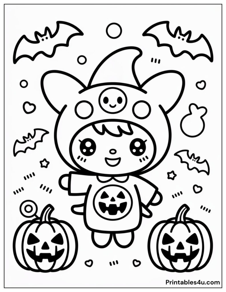 Cute Halloween Kuromi coloring page with bats and pumpkins.