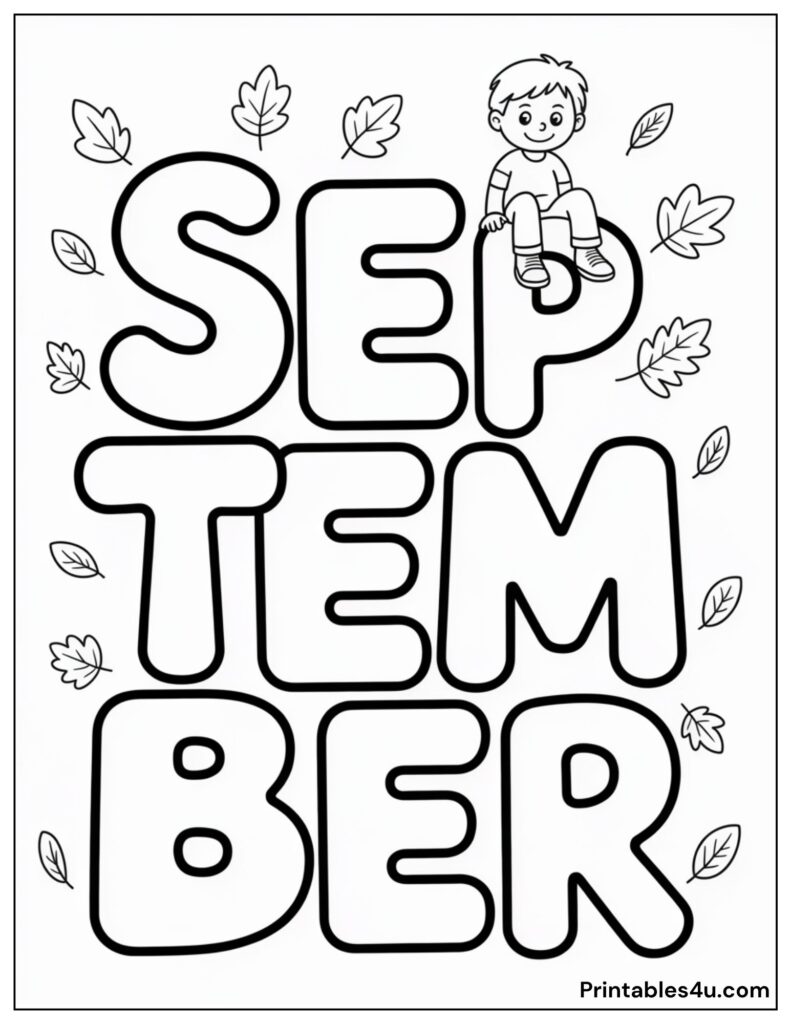 September coloring page with leaves and child sitting on letters.