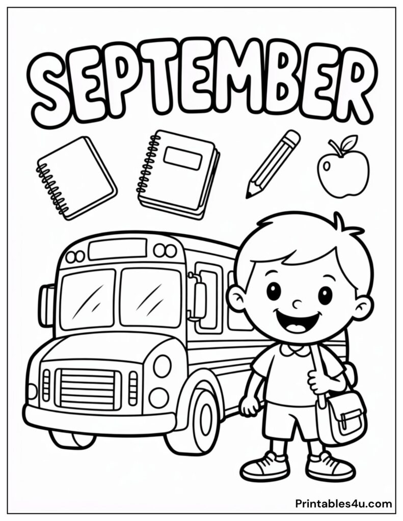 September coloring page with school bus, apple, boy, books, and pencil.