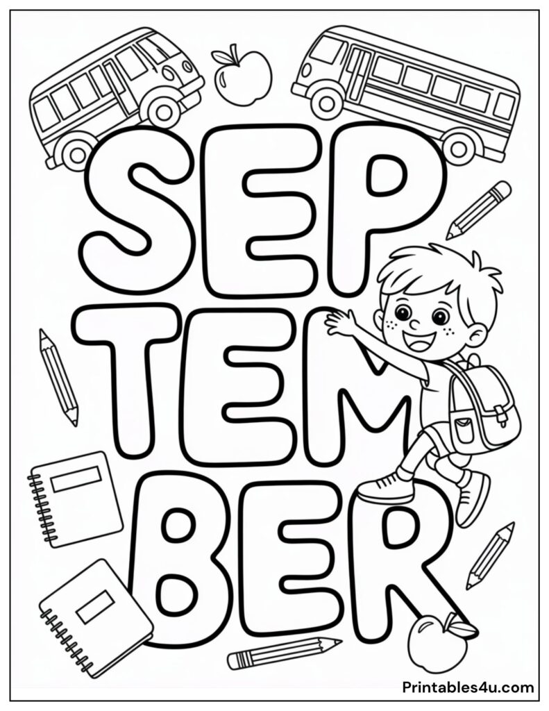 September coloring page with school theme, buses, pencils, and student.