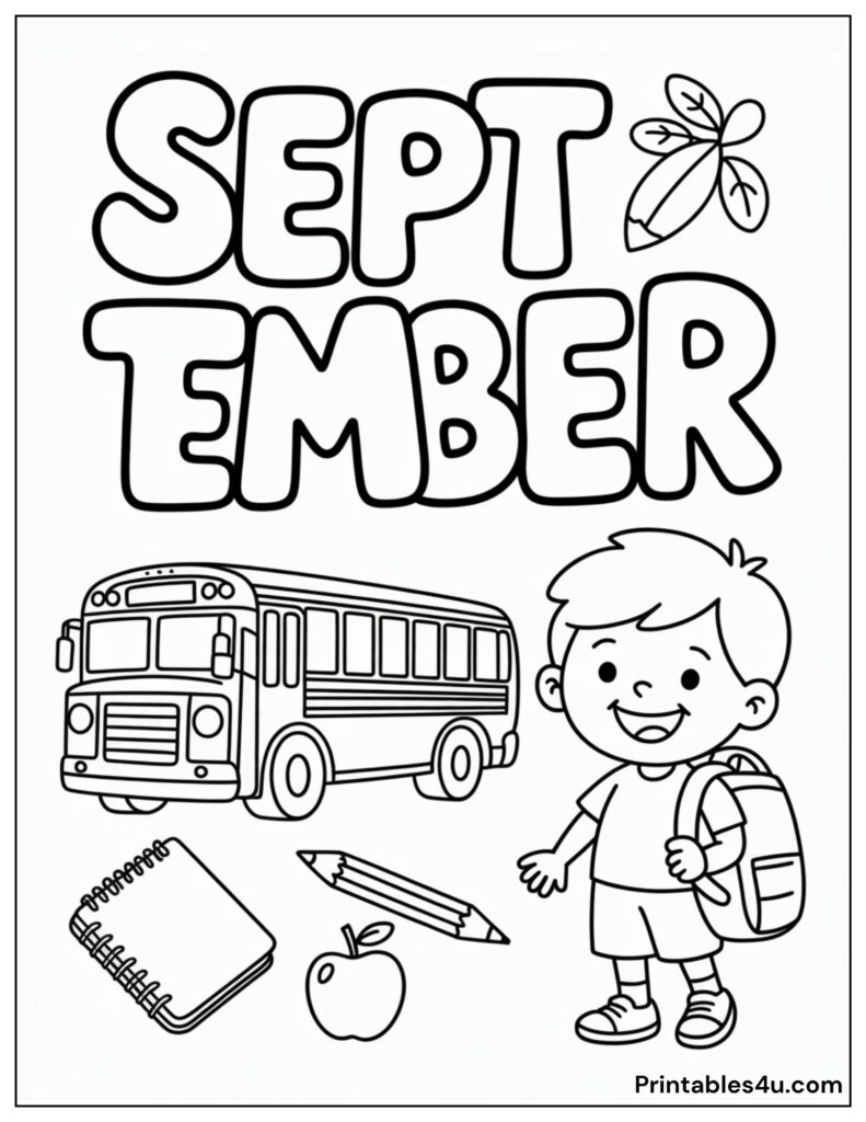 September coloring page with a school bus and backpack for kids.