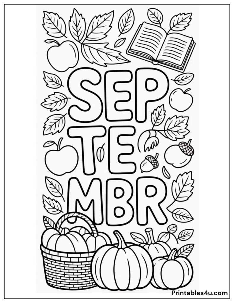 September coloring page: harvest pumpkins, apples, and autumn leaves.