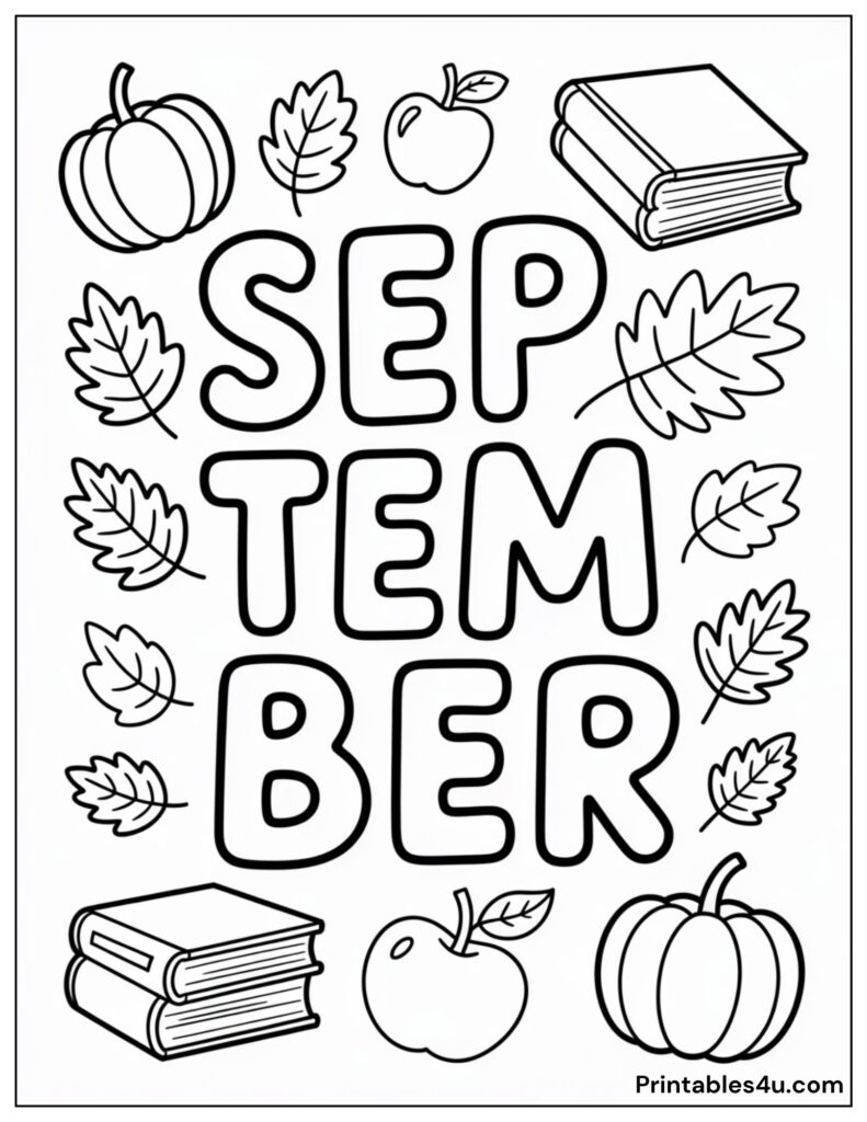 September coloring page with letters, books, leaves, apples, and pumpkins outline.