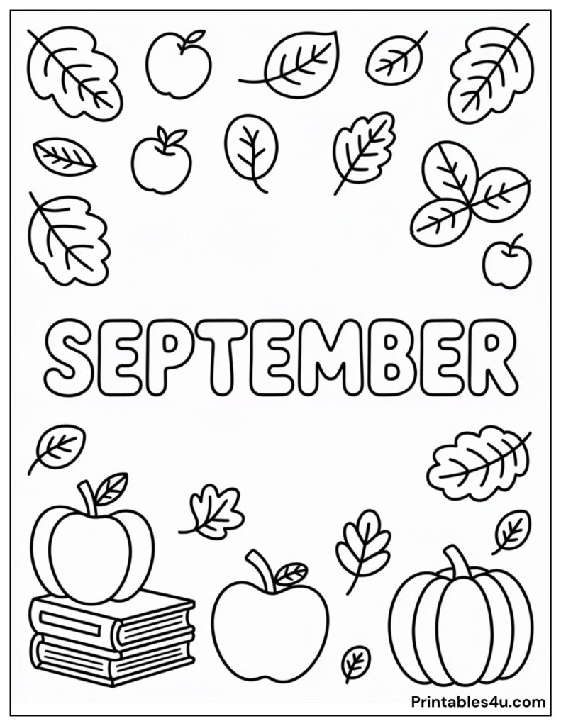 September coloring page with apples, leaves, books, and pumpkin design.