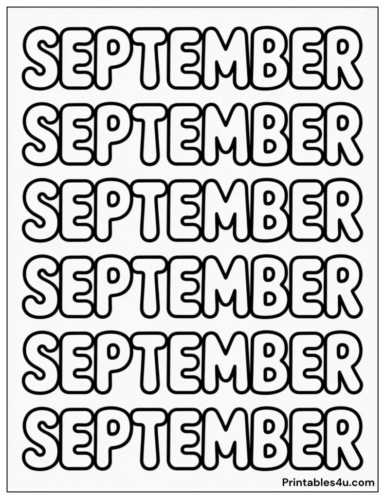 September coloring page, bubble letters, free printable for kids and adults.