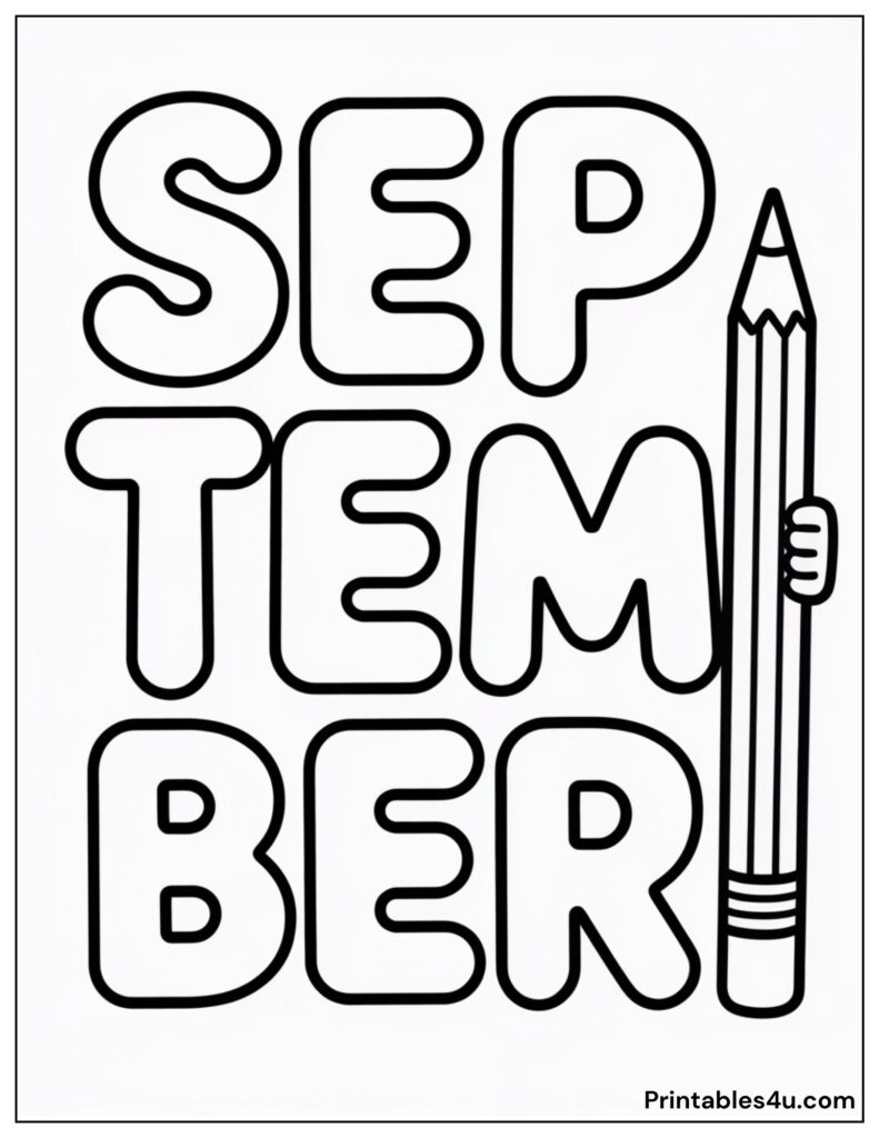 September coloring page for kids, printable and fun lettering activity.