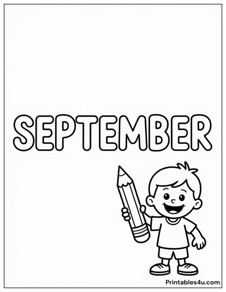 September coloring page with a child holding a pencil for kids to color and enjoy.