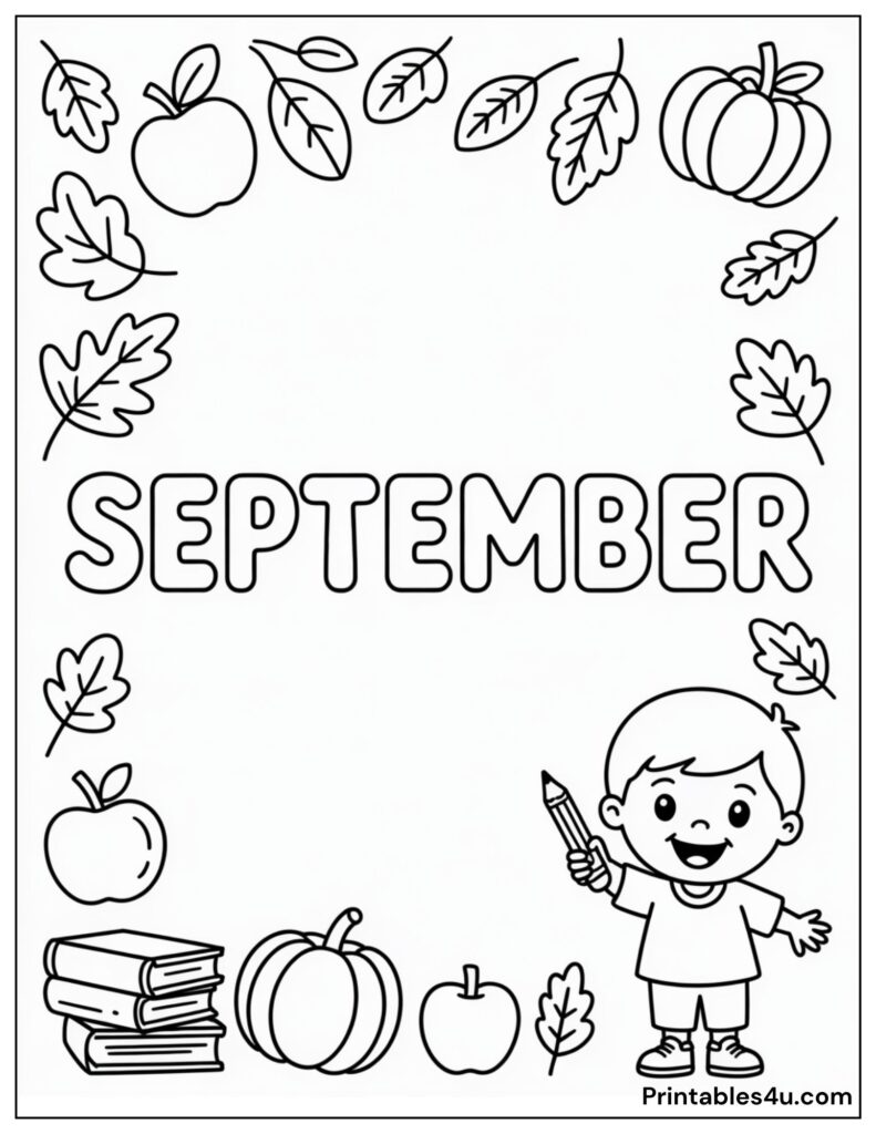 Printable September coloring page with leaves, apples, and pumpkins for kids.