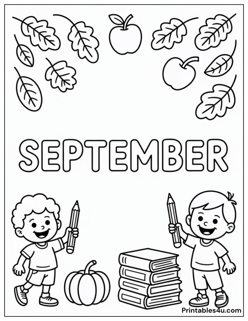 September coloring page with kids, leaves, apples, and books for back-to-school fun.