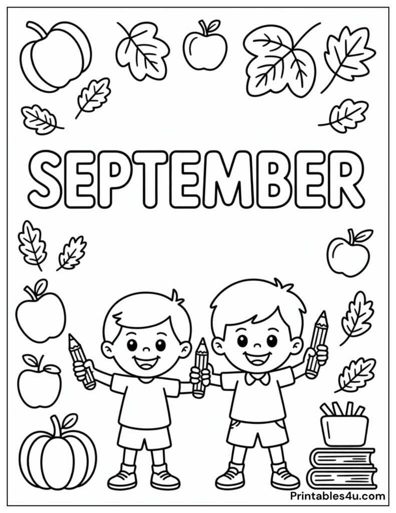 September coloring page with kids, apples, and leaves for fall fun.
